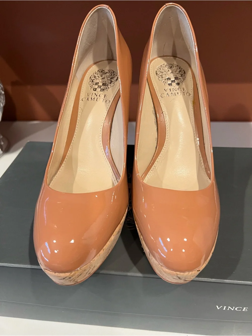 Vince Camuto nude Patent Cork Wedge Pumps